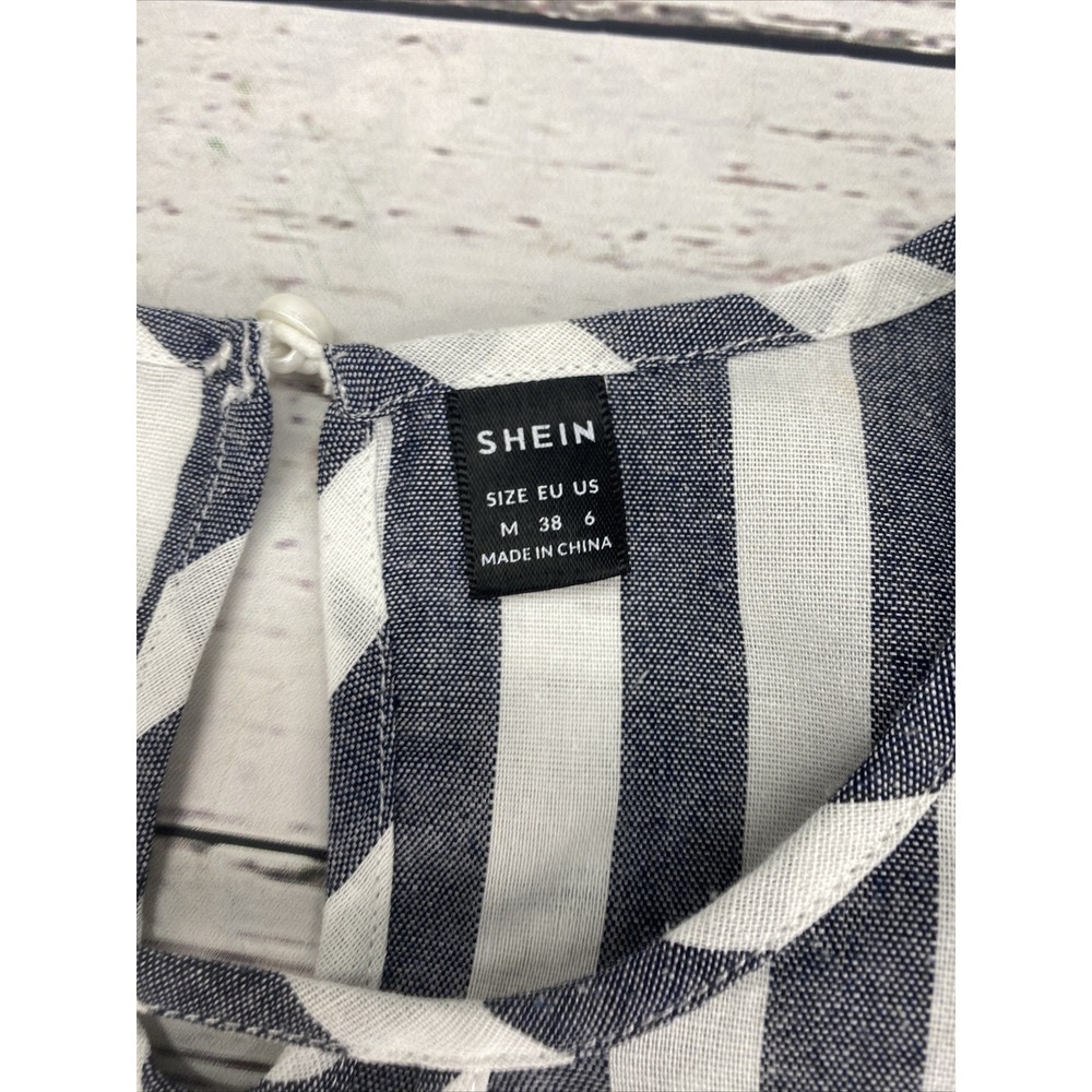 Shein Navy Blue White Striped Shift Dress Sleeveless Ruffle Shoulder Women's M‎ - Picture 4 of 8